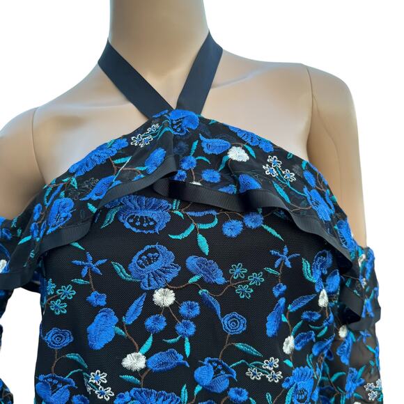 Alexia Admor Floral Embroidered Off-Shoulder Halter Dress, Black & Blue, Size 8 - Picture 10 of 12